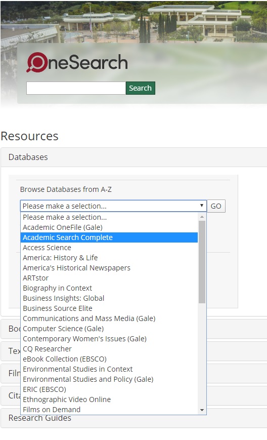 OneSearch search field and database drop-down menu on library homepage
